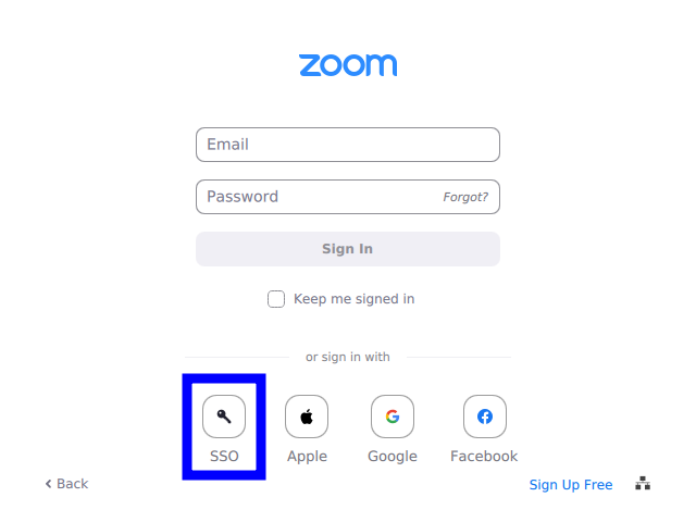 Zoom login screen with SSO, Apple, Google, and Facebook sign-in options.